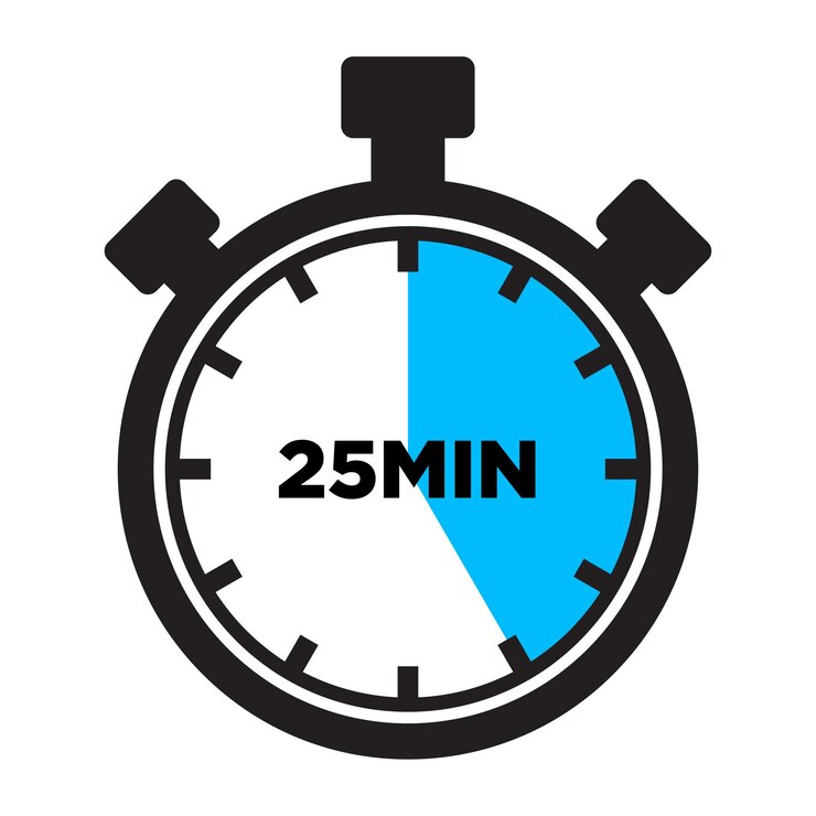 Icono del temporizador de 25 minutos Reloj plano Reloj de parada que muestra veinticinco minutos Indicación de cuenta atrás de la etiqueta