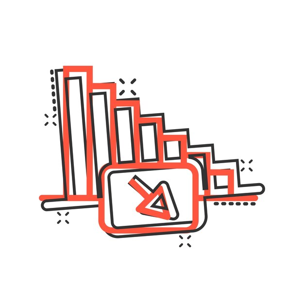 Icono de tendencia de mercado en estilo cómic Flecha de disminución con ilustración de vector de dibujos animados de lupa sobre fondo blanco aislado Disminuir el concepto de negocio de efecto de salpicadura
