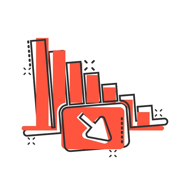 Icono de tendencia de mercado en estilo cómic Flecha de disminución con ilustración de vector de dibujos animados de lupa sobre fondo blanco aislado Disminuir el concepto de negocio de efecto de salpicadura