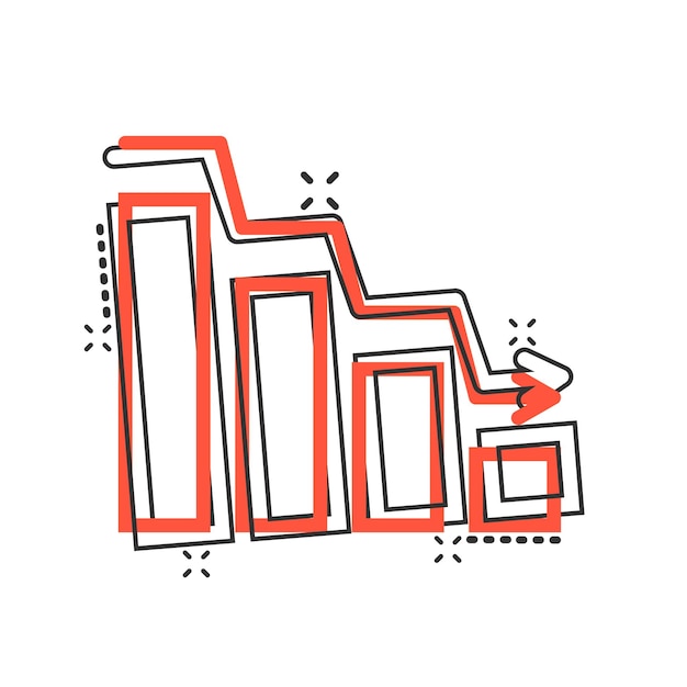 Icono de tendencia de mercado en estilo cómic Flecha de disminución con ilustración de vector de dibujos animados de lupa sobre fondo blanco aislado Disminuir el concepto de negocio de efecto de salpicadura