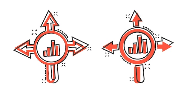Icono de tendencia de mercado en estilo cómico Flecha de crecimiento con ilustración de vector de dibujos animados de lupa sobre fondo blanco aislado Aumentar el concepto de negocio de efecto de salpicadura