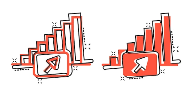Icono de tendencia de mercado en estilo cómico Flecha de crecimiento con ilustración de vector de dibujos animados de lupa sobre fondo blanco aislado Aumentar el concepto de negocio de efecto de salpicadura