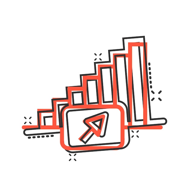 Icono de tendencia de mercado en estilo cómico Flecha de crecimiento con ilustración de vector de dibujos animados de lupa sobre fondo blanco aislado Aumentar el concepto de negocio de efecto de salpicadura