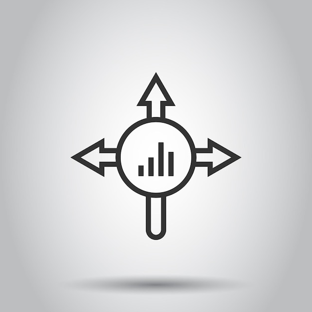 Icono de tendencia de mercado en estilo plano Flecha de crecimiento con ilustración de vector de lupa sobre fondo blanco aislado Aumentar el concepto de negocio