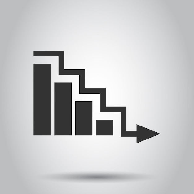 Icono de tendencia de mercado en estilo plano Flecha de disminución con ilustración vectorial de lupa en fondo blanco aislado Concepto de negocio de disminución