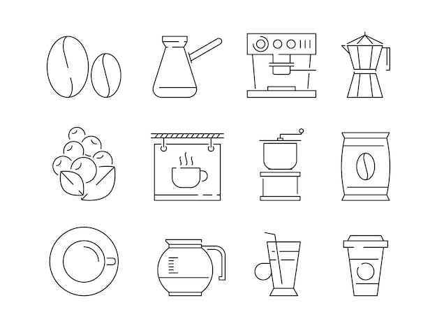 Icono de tiempo de café. Té y bebidas calientes tazas edición máquina de alimentos café irlandés vector lineal símbolos delgados