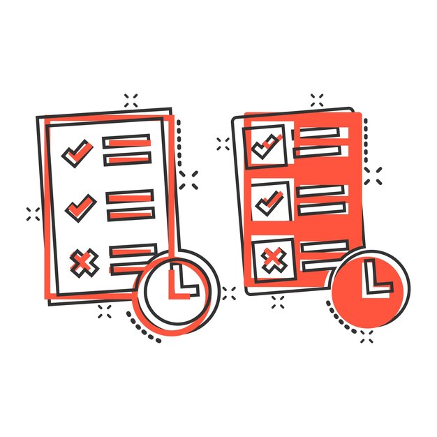 Icono de tiempo de contrato en estilo cómico Documento con ilustración vectorial de dibujos animados de reloj en fondo blanco Efecto de salpicaduras de fecha límite Concepto de negocio