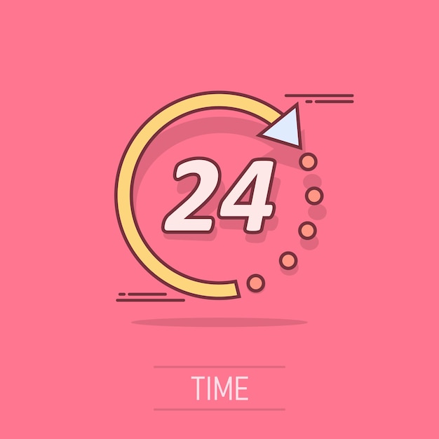 Icono de tiempo de dibujos animados vectoriales en estilo cómico Ilustración de señales de 24 horas Pictograma Clock timer concepto de efecto de salpicaduras de negocios