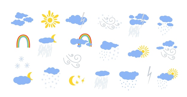 El icono del tiempo establece el sol, el viento, la lluvia, la niebla, las nubes, un lindo símbolo de garabateo para describir el clima, el medio ambiente y el clima.
