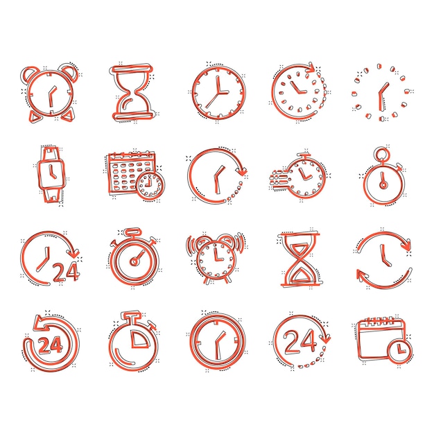 Vector icono de tiempo establecido en estilo cómic ilustración de vector de dibujos animados de reloj de agenda sobre fondo blanco aislado concepto de negocio de efecto de salpicadura de reloj de pulsera de reloj de arena