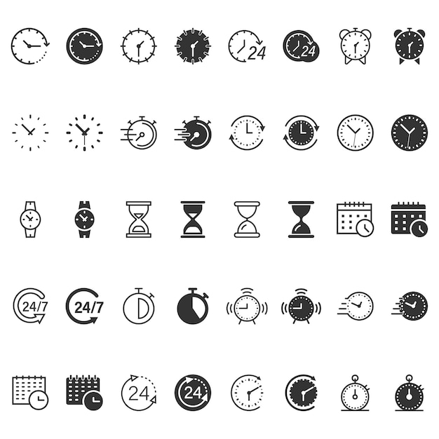 Icono de tiempo establecido en estilo plano Ilustración de vector de reloj de agenda sobre fondo blanco aislado Concepto de negocio de temporizador de reloj de pulsera de reloj de arena