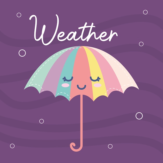 Icono del tiempo de un paraguas sonriendo y letras del tiempo en un diseño de ilustración púrpura