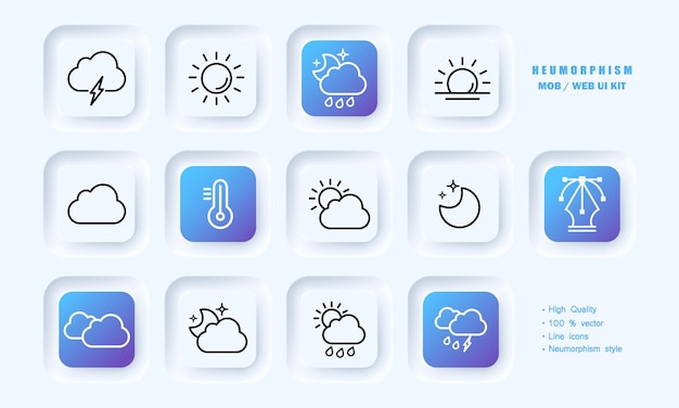 Vector icono del tiempo puestas de sol tormenta relámpago nubes luna clima día lluvia temperatura concepto de elemento estilo de neomorfismo icono de línea vectorial para negocios y publicidad