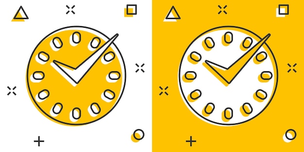 Icono de tiempo real en estilo cómic Ilustración de dibujos animados de vector de reloj sobre fondo blanco aislado Efecto de salpicadura de concepto de negocio de reloj