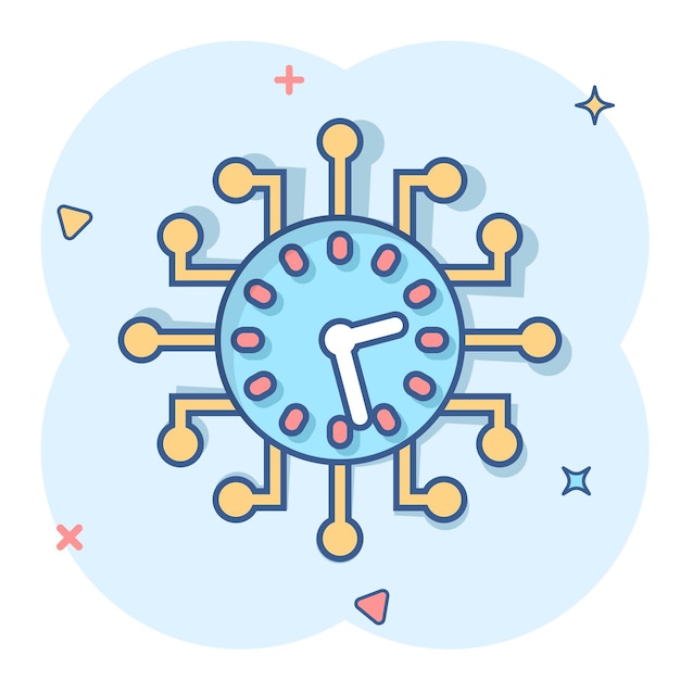 Icono de tiempo real en estilo cómico Ilustración de dibujos animados vectoriales de reloj en fondo blanco aislado Ver el efecto de salpicadura del concepto de negocio
