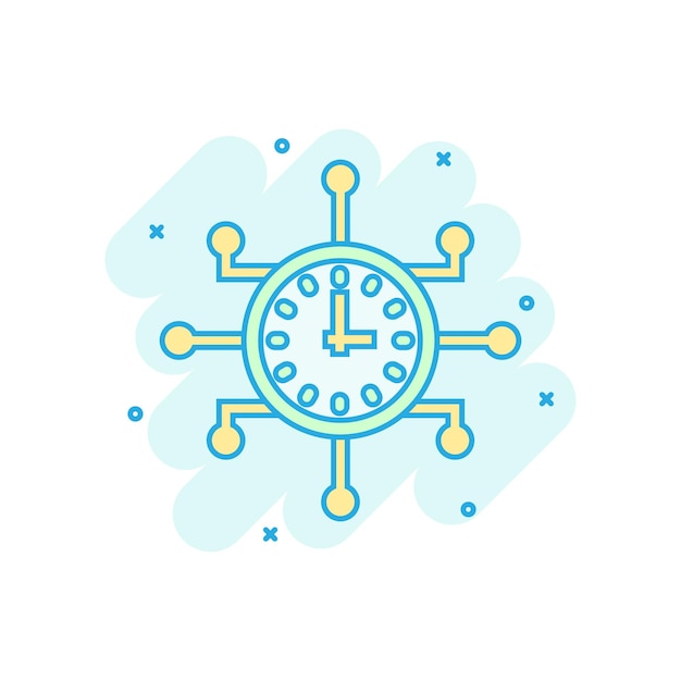 Icono de tiempo real en estilo cómico Ilustración de dibujos animados vectoriales de reloj en fondo blanco aislado Ver el efecto de salpicadura del concepto de negocio