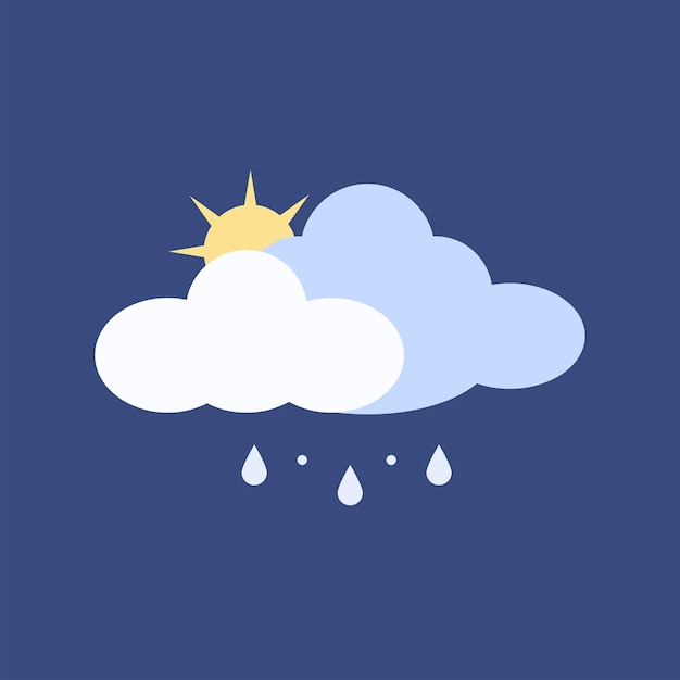 Icono del tiempo sol y nube con lluvia. Ilustración de vector de clima lluvioso aislado