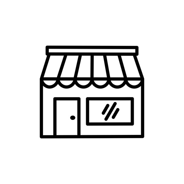 El icono de la tienda establece el símbolo vectorial de la tienda minorista local, el letrero de la tienda de comestibles en el mercado en línea, el ícono de la tienda en negro, el estilo rellenado y delineado.
