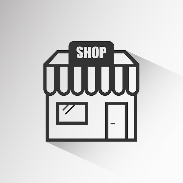 Icono de la tienda con una larga sombra aislada sobre fondo gris Ilustración vectorial