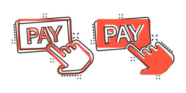 Icono de tienda de pago en estilo cómico Ilustración de vector de dibujos animados de cursor de dedo sobre fondo aislado Haga clic en el concepto de negocio de efecto de salpicadura de botón