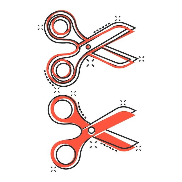 Icono de tijera en estilo cómico Ilustración de vector de dibujos animados de equipo de corte sobre fondo blanco aislado Concepto de negocio de efecto de salpicadura de cortador