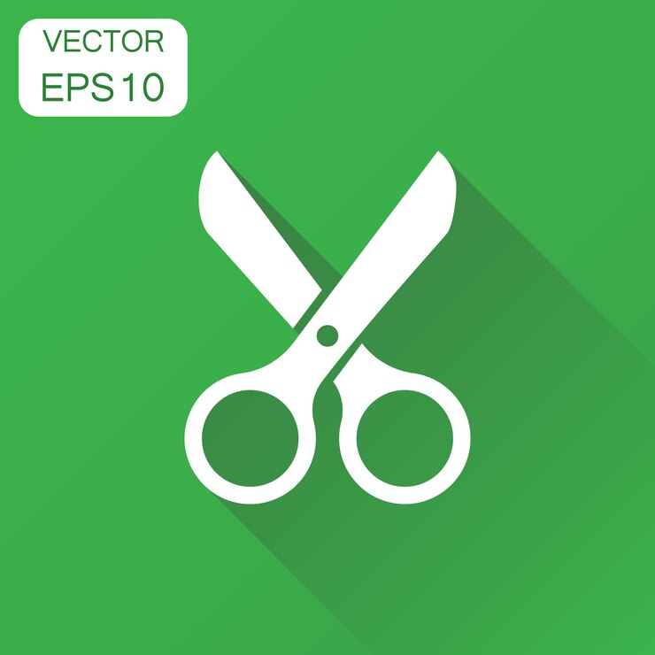 Vector icono de tijeras pictograma de tijeras de concepto de negocio ilustración vectorial en fondo verde con sombra larga
