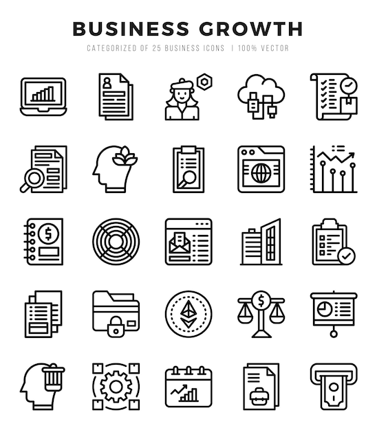 El icono de los tipos de crecimiento del negocio vectorial se establece en la ilustración vectorial de estilo lineal