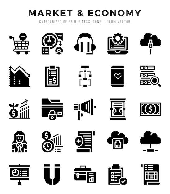 El icono de los tipos de economía de mercado vectorial establecido en la ilustración vectorial de estilo glifo