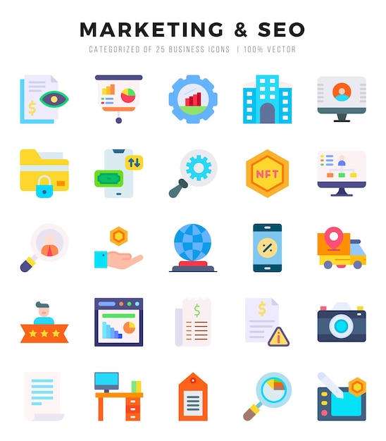 El icono de los tipos de SEO de marketing vectorial se establece en la ilustración vectorial de estilo plano