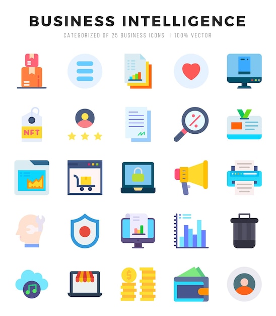 El icono de los tipos de Vector Business Intelligence se establece en la ilustración vectorial de estilo plano