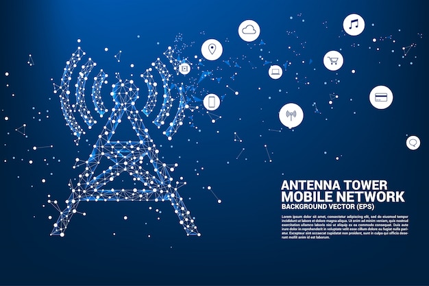 Icono de torre de antena polígono de conexión de puntos y líneas.