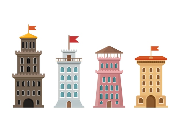 Icono de la torre del castillo en estilo plano Ilustración vectorial de la ciudadela medieval en un fondo aislado Concepto comercial de letrero de construcción de fortaleza