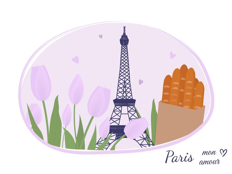 Vector icono de la torre eiffel con flores en flor de primavera torre eiffel con letras de parís
