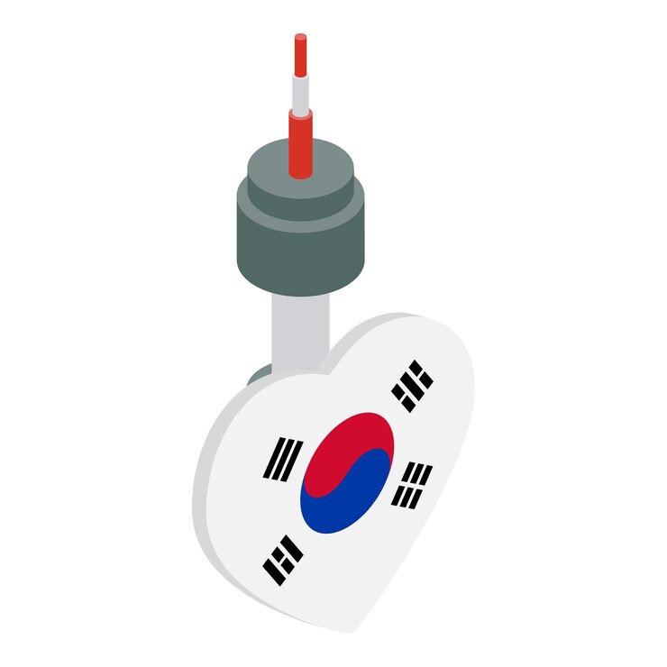 Vector icono de la torre namsan vector isométrico punto de referencia de corea del sur y bandera del país símbolo torre de televisión de seúl