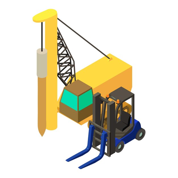 Icono de trabajo de perforación vector isométrico Maquinaria de perforacion cerca del cargador automático Trabajo de construcción Lugar de construcción