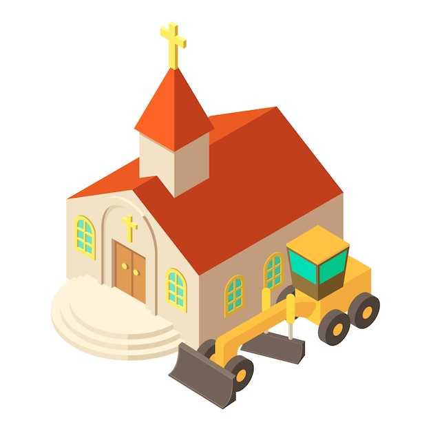 Vector icono de trabajo de tierra vector isométrico nueva motoniveladora cerca del edificio de la iglesia católica trabajos de construcción sitio de construcción