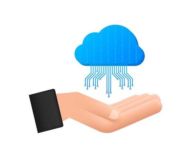 Icono de transferencia de archivos FTP en las manos. Icono de la tecnología FTP. Transferir datos al servidor. Ilustración vectorial.