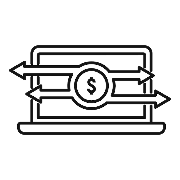 Icono de transferencia de dinero de computadora portátil Contorno de icono de vector de transferencia de dinero de computadora portátil para diseño web aislado sobre fondo blanco