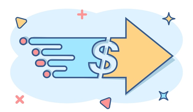 Vector icono de transferencia de dinero en estilo cómico ilustración de dibujos animados de vector de dólar sobre fondo blanco aislado efecto de salpicadura de concepto de negocio de pago