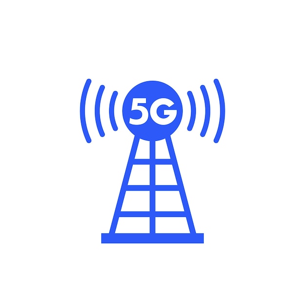 Icono de transmisor de torre de antena 5G en blanco