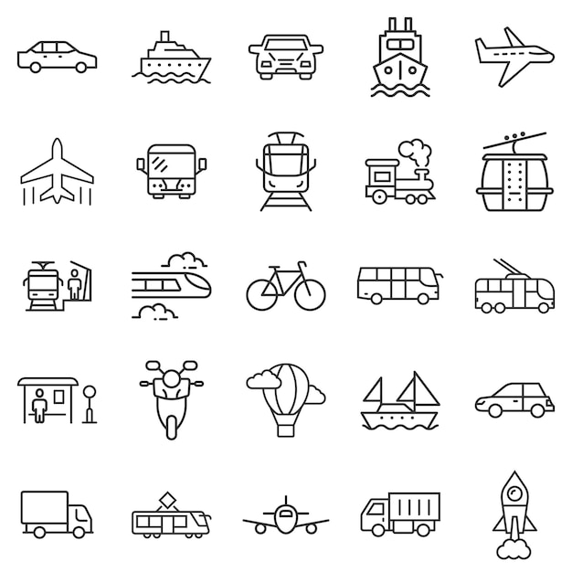 Icono de transporte establecido en estilo plano Ilustración de colección de vectores de coche sobre fondo blanco aislado Concepto de negocio de transporte de envío