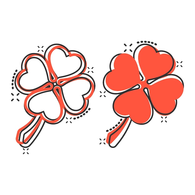 Icono de trébol de cuatro hojas en estilo cómico Ilustración vectorial de dibujos animados del Día de San Patricio en fondo blanco aislado Concepto de negocio de efecto salpicadura en forma de flor