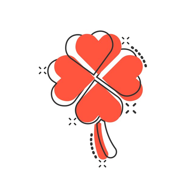 Icono de trébol de cuatro hojas en estilo cómico Ilustración vectorial de dibujos animados del Día de San Patricio en fondo blanco aislado Concepto de negocio de efecto salpicadura en forma de flor