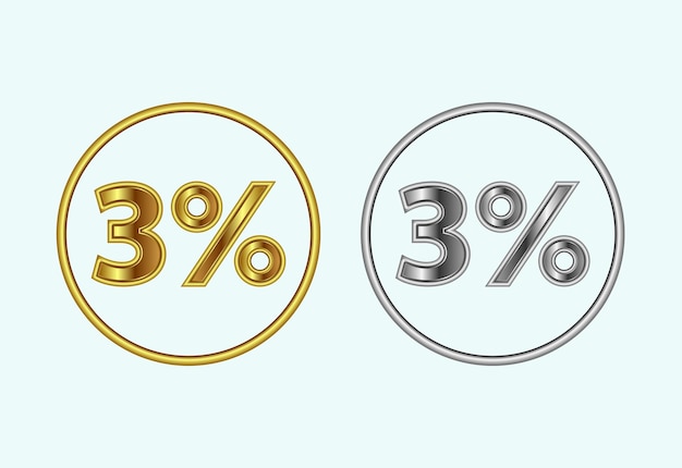 Icono del tres por ciento Símbolo del signo del tres por cien en color dorado y plateado