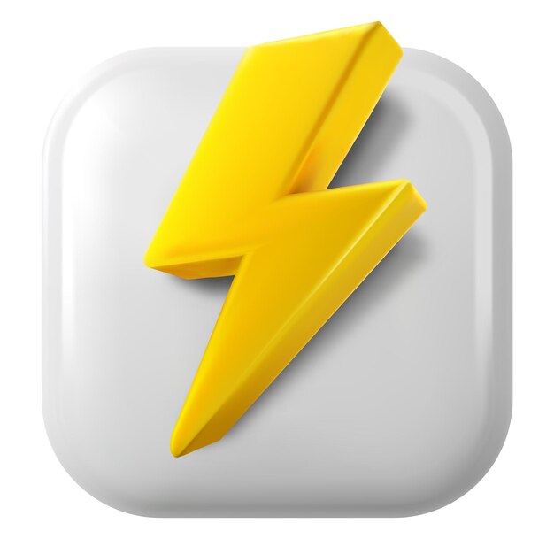 Icono de trueno amarillo en el símbolo de electricidad de la caja cuadrada blanca