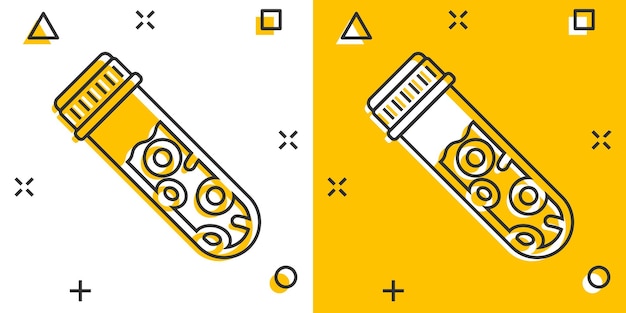 Icono de tubo de análisis de sangre en estilo cómico Ilustración de vector de dibujos animados de hematología sobre fondo aislado Concepto de negocio de signo de efecto de salpicadura de matraz de laboratorio