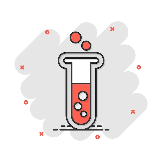 Icono de tubo de ensayo químico de dibujos animados vectoriales en estilo cómico Ilustración de carteles de vidrio de laboratorio Pictograma de frascos concepto de efecto de salpicaduras comerciales