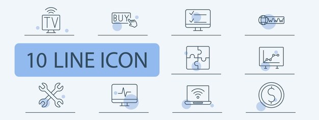 icono de TV botón comprar barra de búsqueda web encuesta en línea sitio web rompecabezas análisis de datos configuraciones portátil con pago digital WiFi