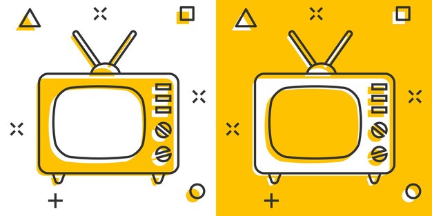 Icono de tv de dibujos animados de vector en estilo cómico pictograma de ilustración de signo de televisión concepto de efecto de salpicadura de negocio de tv