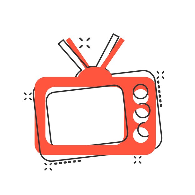 Icono de Tv en estilo cómico Ilustración de vector de signo de dibujos animados de televisión sobre fondo blanco aislado Concepto de negocio de efecto de salpicadura de canal de video